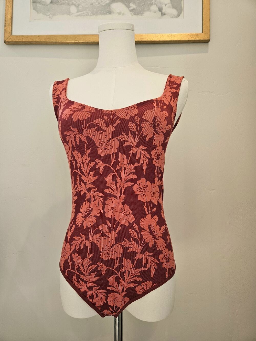 Free People Clean Lines Bodysuit Womens XS/S Scarlet Red Orange Floral Knit